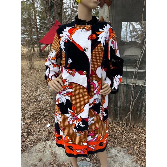 70s MÖVE (Moeve) Terrycloth Robe Coat Mandarin Collar Vibrant Mix Print Cotton - Picture 2 of 13